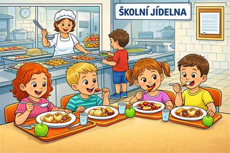děti ve školní jídelně u oběda
