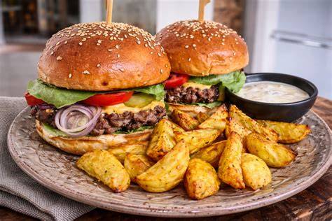 Šťavnatý burger s americkými bramborami
