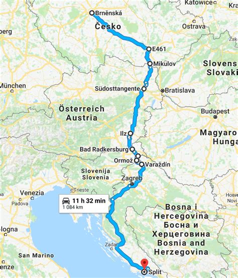 Mapa tras autem z Česka do Chorvatska